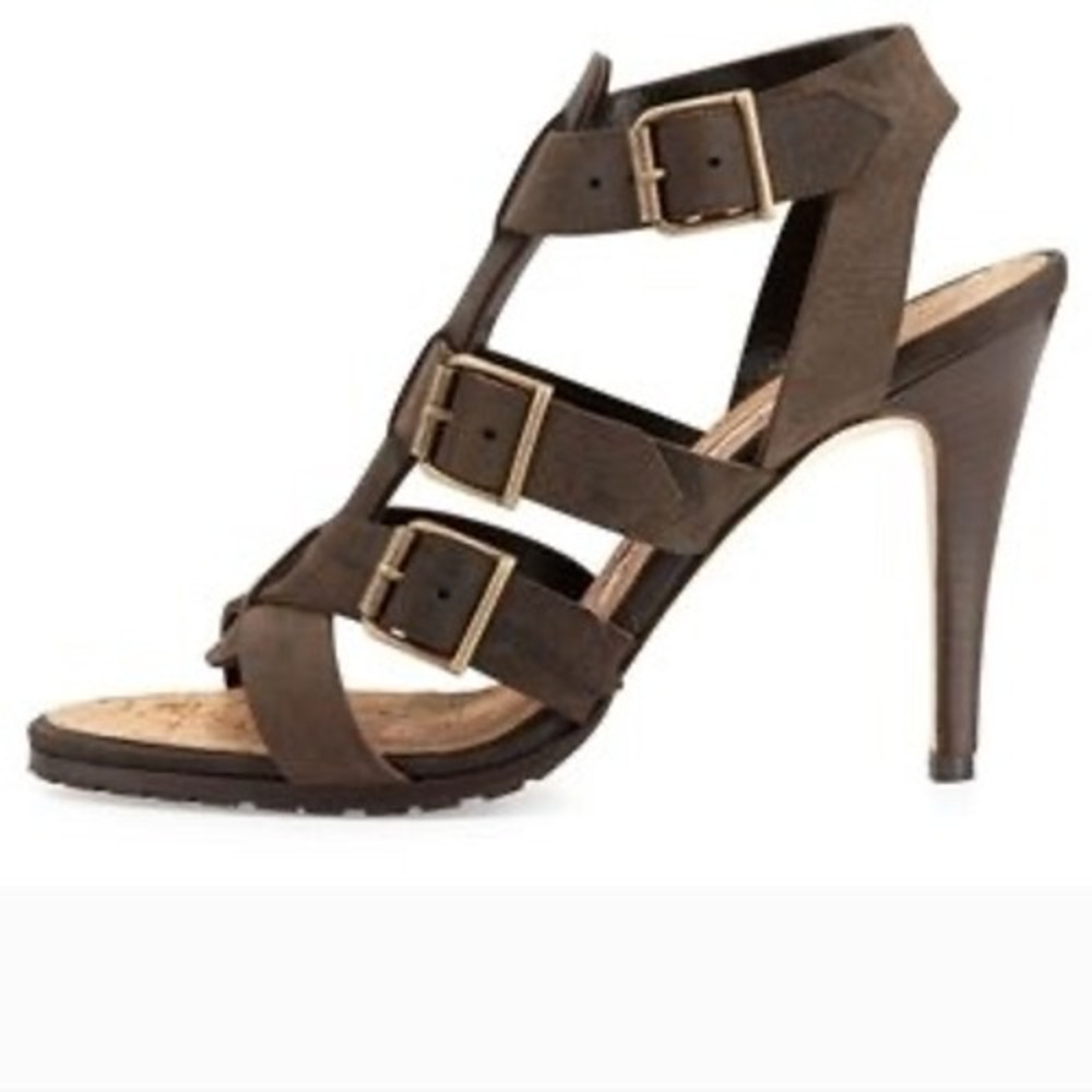 Manolo Blahnik Dark Brown Suede Multi-Strap High Heel Sandal with Gold Buckles